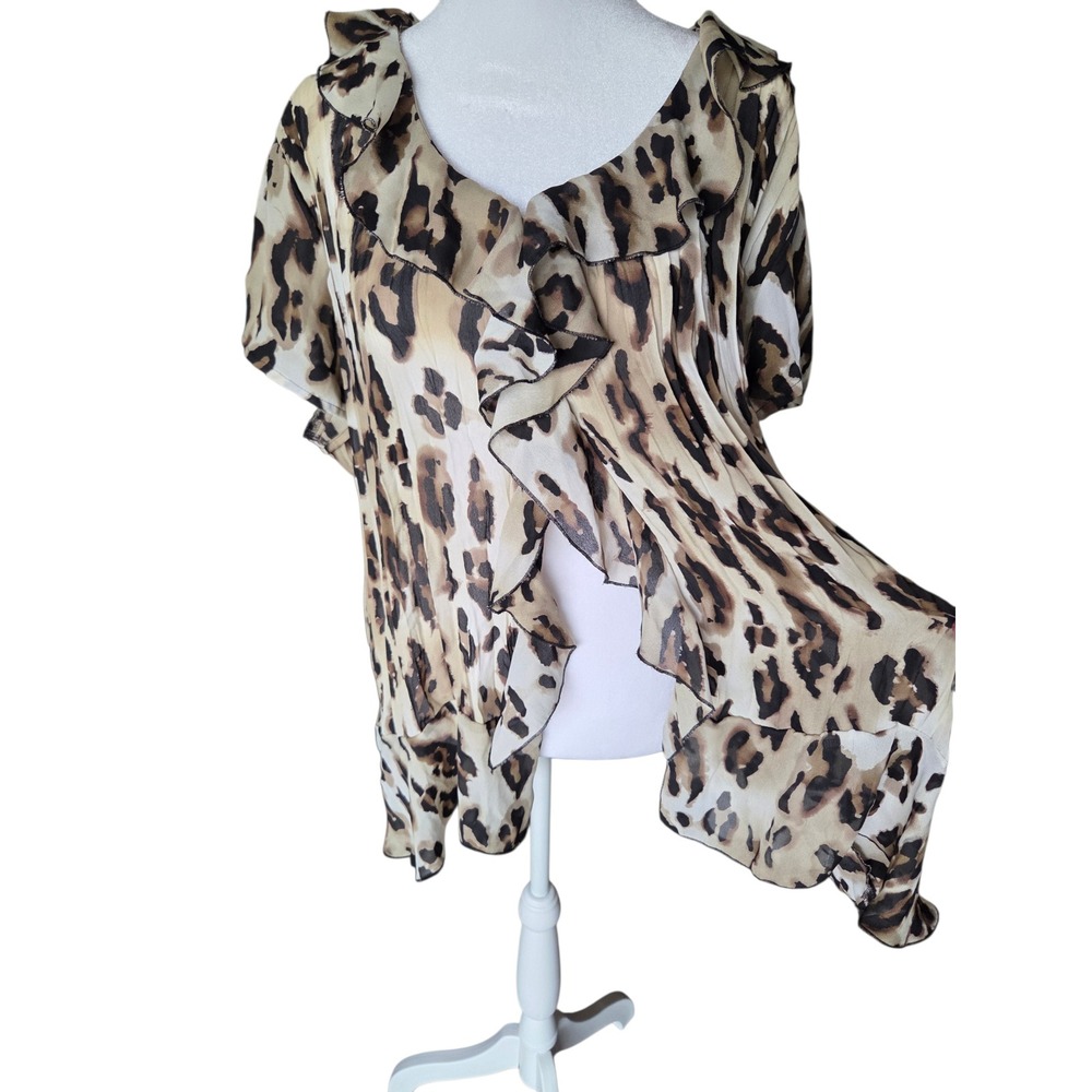Leopard Print Ruffle Front Pleated Chiffon Blouse Short Sleeve Brown Tan Top